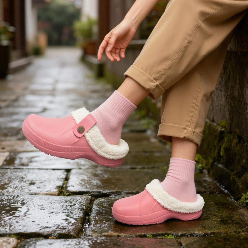 ChayChax Women and Men Fur Lined Clogs Memory Foam Warm Fuzzy Slippers Winter Waterproof Indoor Outdoor Slipper, Pink, 8.5-9 Women/7.5-8 Men - Image 2
